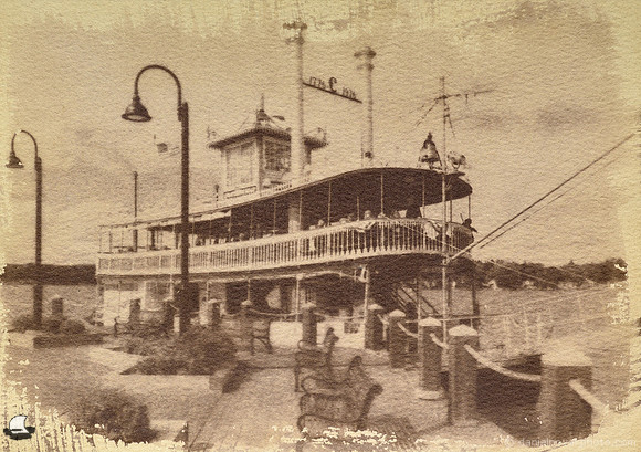 Chautauqua Belle Steamboat, Tea Toned Meeden Cyanotype, an original hand-made 5" x 7" cyanotype print from the Chautauqua Lake, New York.