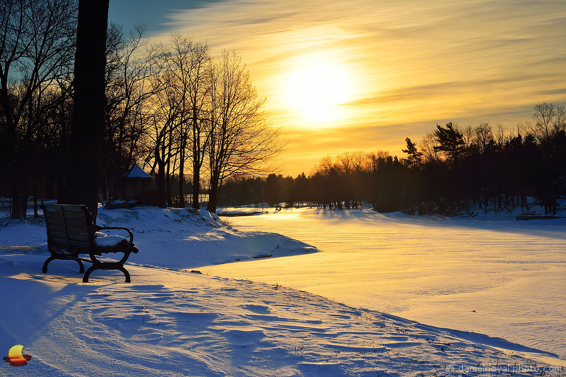 Quiet Sunrise at Green Lake, Cold of the Season, Warmth of the Sunrise, Bench with a View, Orchard Park, New York (NY).