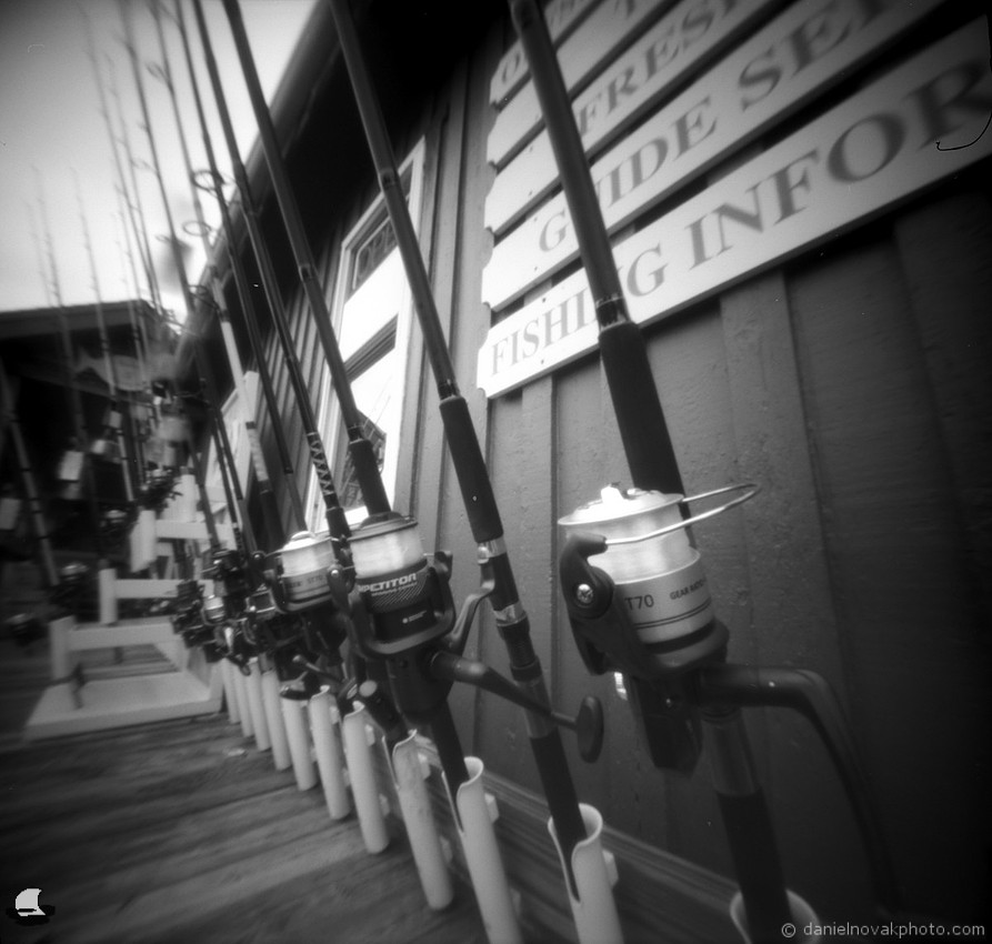 Fishing Rods, Duck, NC. Pinhole Photography from OBX 2025. terraPIN ACME pinhole camera, Kodak T-Max 100 black and white negative film, D-23 developer.