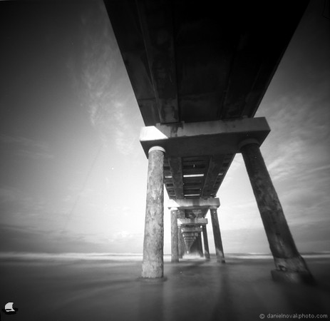 Off Center Pier, US Army Corps of Engineers Field Research Facility Pier, Duck, NC. TerraPin ACME 3d-printed pinhole camera, Kodak T-Max 100 black and white negative film. replenished D-23 developer.