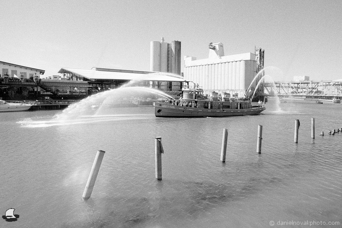 Edward M Cotter Entering, 125th Anniversary Celebration, Buffalo, NY. Photographed with a 35mm Nikon FE2 camera on Agent Shadow 400 black and white negative film.