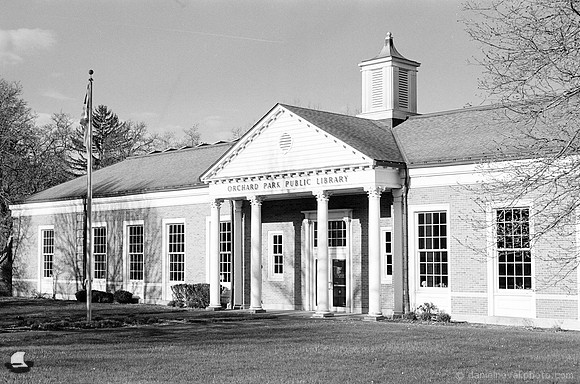 Orchard Park Public Library, Orchard Park, NY. Photographed with a 35mm Pentax Spotmatic F on Ilford XP2 black and white film.