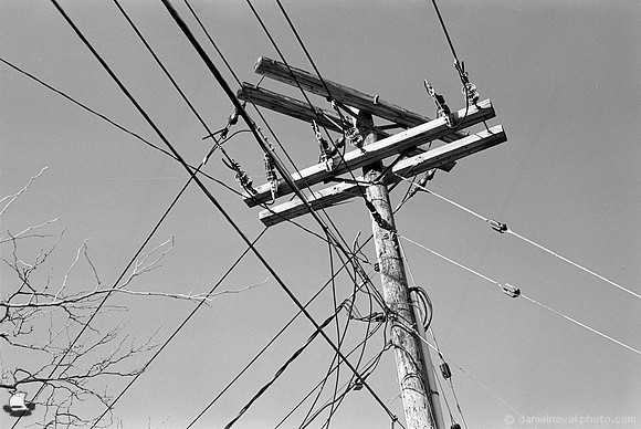 Utility Pole Top, Yates Park, Orchard Park, NY. Photographed with a 35mm Pentax Spotmatic F on Ilford XP2 black and white film.