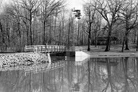 Dam Bridge, Green Lake, Yates Park, Orchard Park, NY. Photographed with a 35mm Pentax Spotmatic F on Ilford XP2 black and white film.