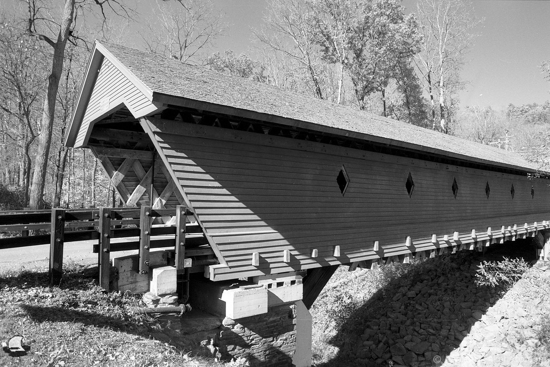 Newfield Covered Bridge, Sideview, a roadtrip surprise on black and white film.