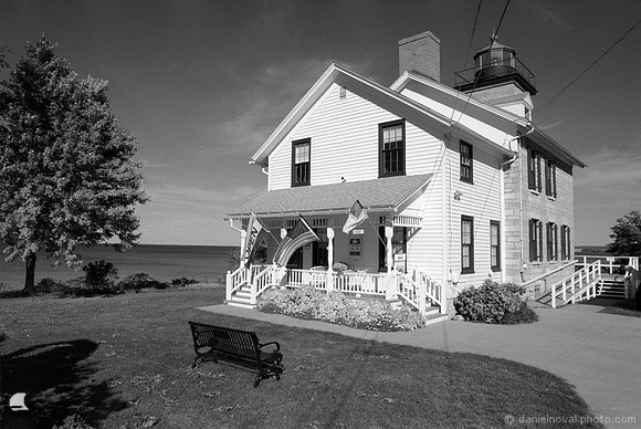 Sodus Bay Lighthouse, Sodus Point, NY. Photographed with a.35mm Nikon FE2 on Fuji Acros 100 black and white film. Developed in D-23.