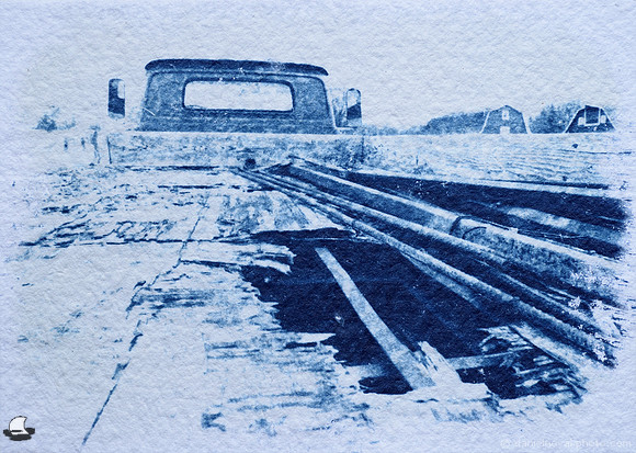 Truck with a Hole, Rough Texture Cyanotype, Batch 29. Knox Farm State Park, East Aurora, New York.