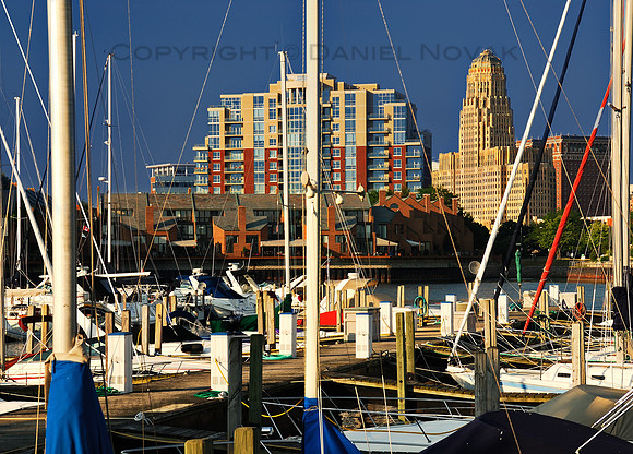 Buffalo City Hall over the Erie Basin Marina, Buffalo, New York (NY).