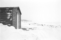 Winter Shelter, Hamburg Beach and Frozen Lake Erie in Winter. Vintage 35mm Asahi Pentax Spotmatic F, Ultrafine Xtreme UFX400 black and white negative film, D-23. developer.
