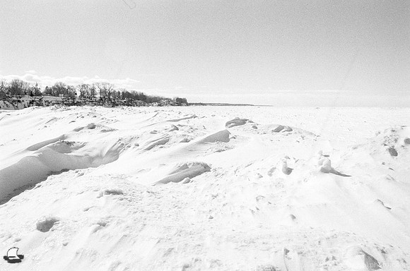 Ice & Snow Mound Ridgeline, Hamburg Beach and Frozen Lake Erie in Winter. Vintage 35mm Asahi Pentax Spotmatic F, Ultrafine Xtreme UFX400 black and white negative film, D-23. developer.