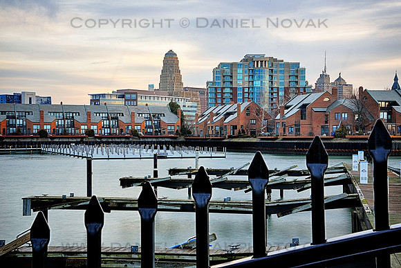 Pasquale at Waterfront Place & Buffalo City Hall over the Erie Basin Marina, Inner Harbor, Downtown Buffalo, New York (NY).