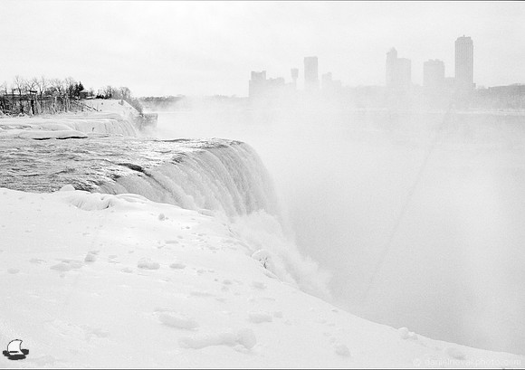 American Falls Plunging into Mist, Niagara Falls in Winter. Vintage 35mm Asahi Pentax Spotmatic F, Ultrafine Xtreme UFX400 black and white negative film, Rollei Supergrain developer.