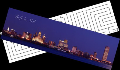 aMazing Buffalo Bookmark, a blue hour skyline photo of Buffalo, NY on one side and a fun maze on the other.