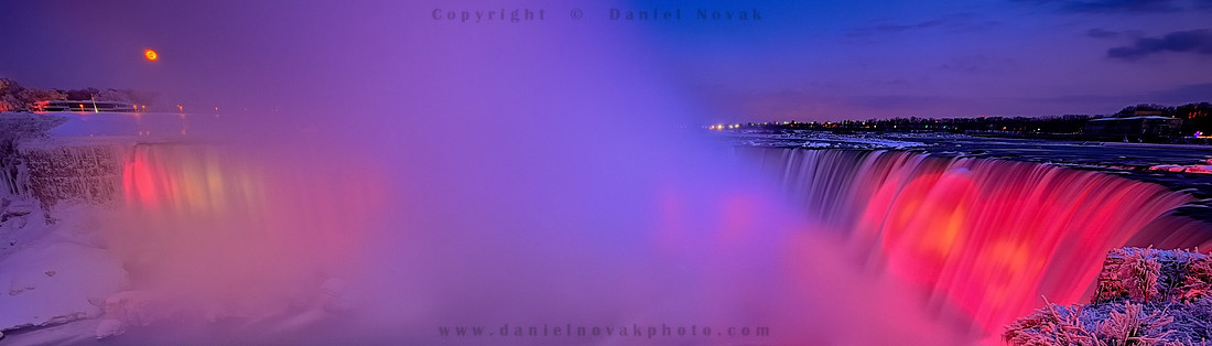 Full Wolf Moon RIsing (Moonrise) over Illuminated Horseshoe Falls during Blue Hour, Niagara Falls Waterfall. Available as photos and Bookmarks.