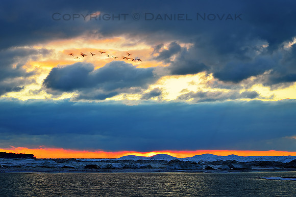 Winter Sunset over always Changing Eighteen Mile Creek and its mouth into Lake Erie, North Evans - Buffalo, New York (NY).