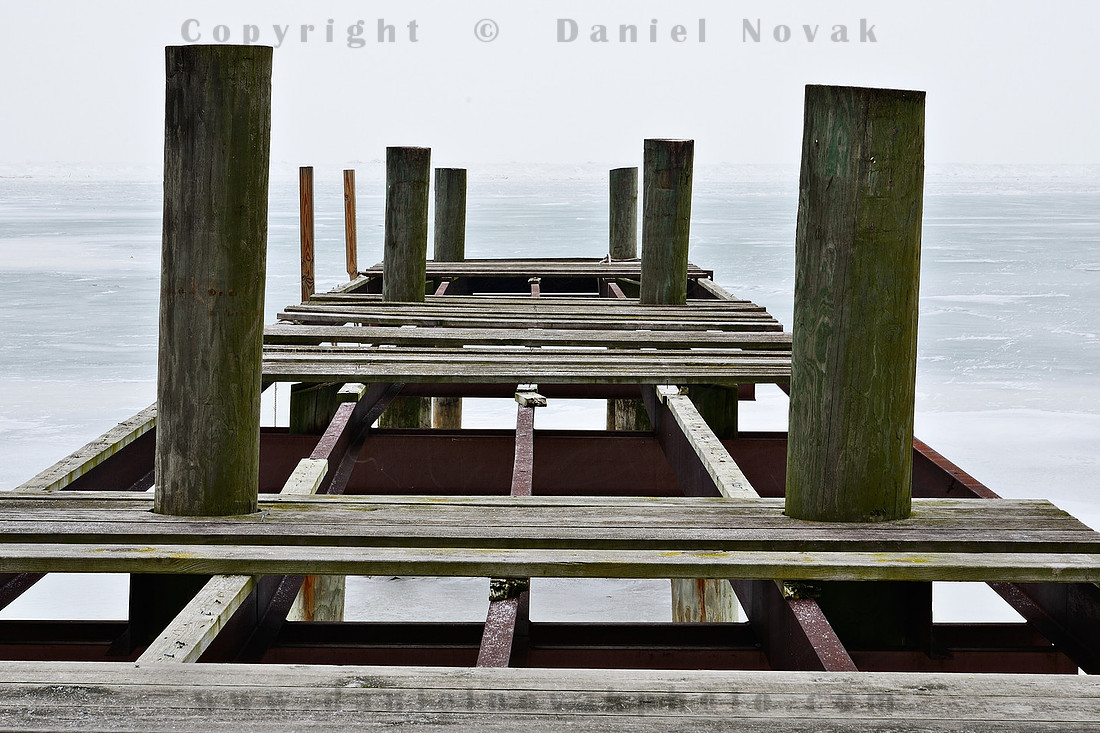 Broken pier over frozen Lake Erie, Outer Harbor, Waterfront, Buffalo, New York (NY).