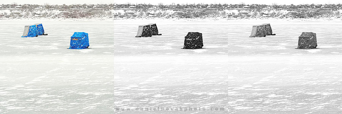 Three tonal varieties of FIshing the Buffalo Outer Harbor, Winter Waterfront, Buffalo, New York (NY).