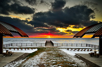 The roofs and pier of Gallagher Pier pointing at sunset, Outer Harbor, Waterfront, Buffalo, New York (NY).