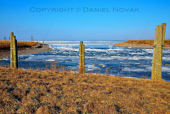 Icebergs on Bell Slip in Spring at sunrise, Outer Harbor of Buffalo's Waterfront, Buffalo, New York (NY).