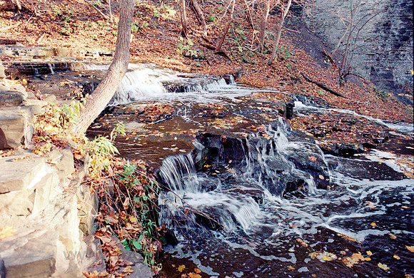 Cascades of Cascadilla Creek, Ithaca, NY. Photographed with a vintage 35mm Minolta Maxxum 5 camera on Kodak Colorplus 200 color negative film. Developed in C-41.