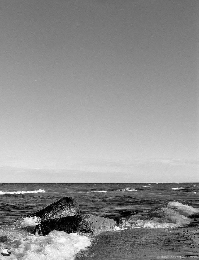 Rocks, Water, Sky, Lake Erie Shore. Medium format Mamiya RB67, Ultrafine UXF 400 Black and White Film, D-23 developer.