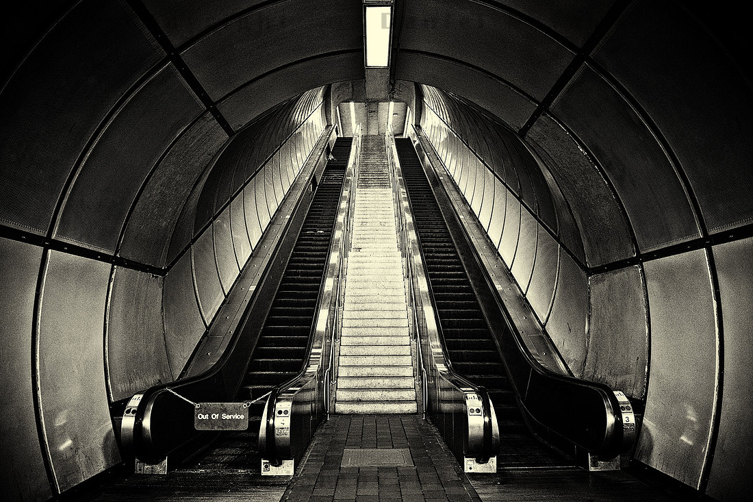 The Long Escalator at Delavan - Canisius, Deepest station of Buffalo Metro Rail - Subway under Main Street.