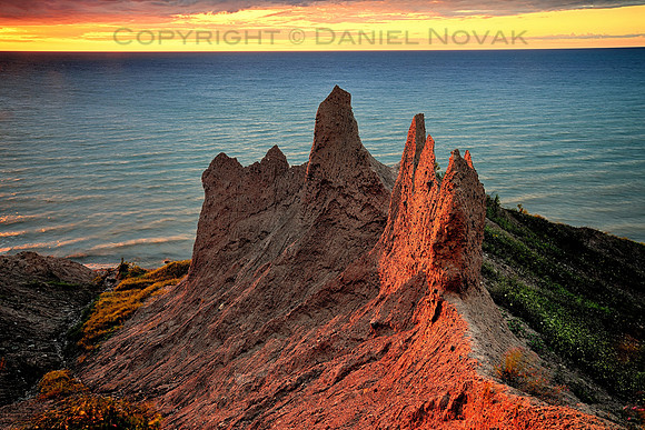 The Last Light at Chimney Bluffs on southern shore of Lake Ontario in Sodus Bay near Rochester, New York (NY).