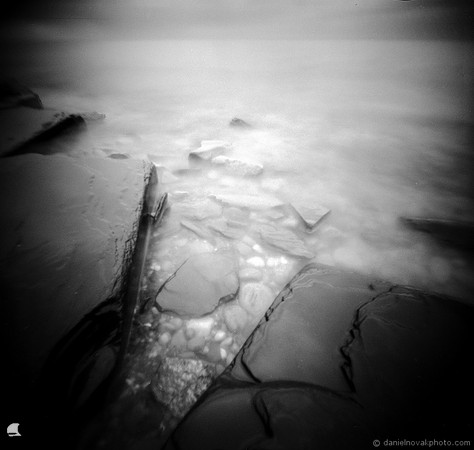 Flooded Jagged Gaps, Sturgeon Point on Lake Erie, NY. Photographed with TerraPIN ACME pinhole camera on Fuji Acros II black and white film.