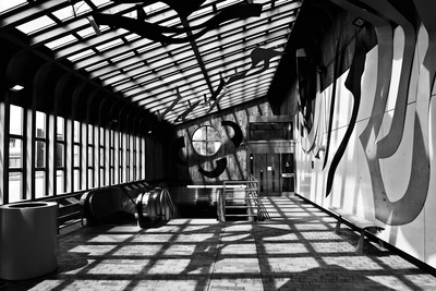 Lines, light, and shadows of Summer - Best Metro Rail Station Concourse, Main Street, Buffalo, New York (NY). Black and white version.