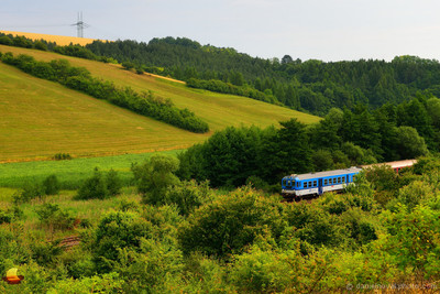 Local Train in Moravian Wilderness, Brno - Uhersky Brod route near the village of Nemotice in Southern Moravia, Czech Republic
