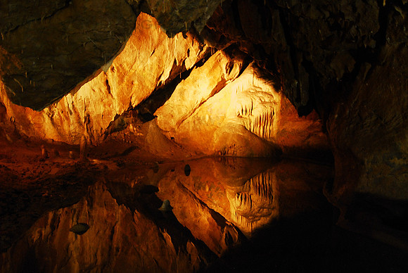Punkva Cavern River Reflection, Moravian Karst, Blansko, Czech Republic, Europe.