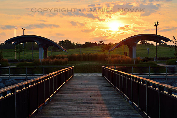 Sunrise over Gallagher Pier Roofs, Outer Harbor, Waterfront, Buffalo, New York (NY).