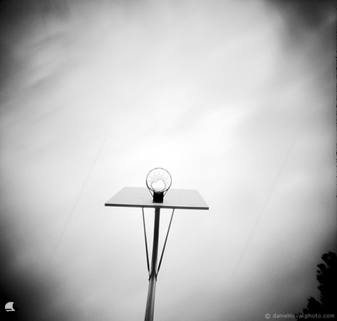Basketball Hoop, Black and White Pinhole Film Photography, terraPIN ACME, Kodak T-Max 100