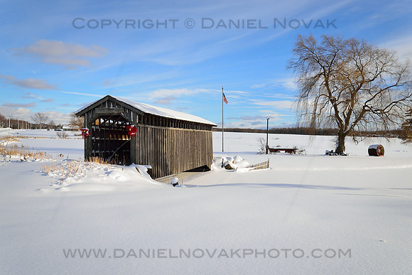 Covered Bridge of Winter's Pond, Winter in Western New York, Landscape Photograph
