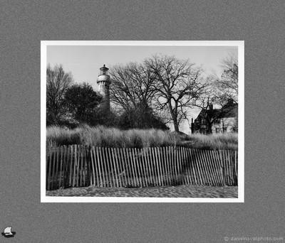 Darkroom Print: Historic Grosse Point Lighthouse, Evanston - Chicago, Illinois (IL) at sunrise; hand-made traditional silver gelatin darkroom print