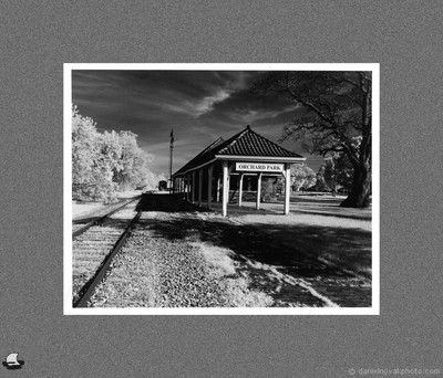 Orchard Park Train Depot in Infrared; hand-made traditional silver gelatin darkroom print