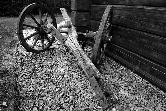 Wheels of the Past, Wagon Wheels and Axle in Black and White, Czech Republic