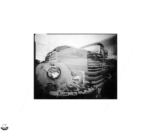 Two Trucks, Large Format Pinhole Photograph on 4x5" Direct Positive Paper