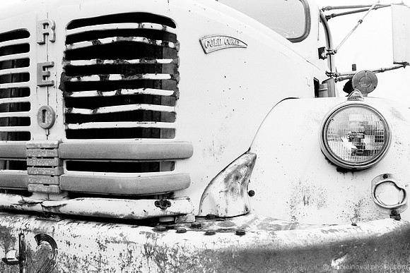 Old VIntage REO Gold Comet Truck Front Grill Close Up onKodak 5222 Black and White Film