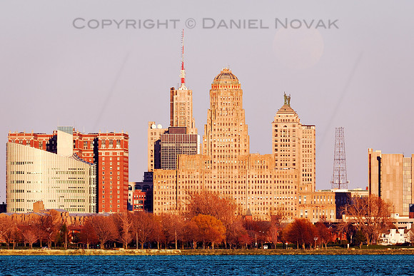 Full Moon in Haze rising over Buffalo skyline, Buffalo City Hall, Liberty Building, Rand Building, Stattler Towers.