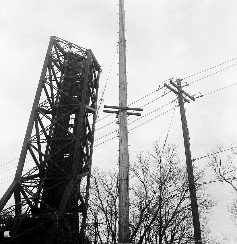 Triplets, Raised Bridge and Utility Poles, Buffalo, NY, Photographed on film: Flexaret V TLR, Fomapan 400