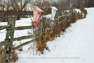 Knox Farm Birdhouses by Fence, Winter Dozen, East Aurora, New York.