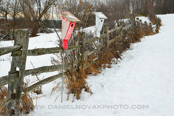 Knox Farm Birdhouses by Fence in Winter, East Aurora - Buffalo, New York (NY).