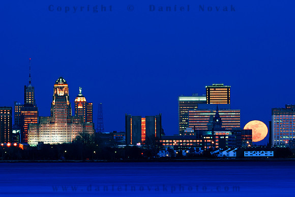 Full pink moon taking part in the Buffalo, NY skyline. Name from Farmer