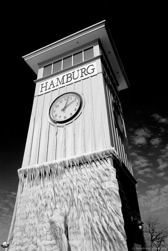 Hamburg Clock Tower, Kingdom of Ice, Hamburg, NY. Photographed with a Nikon FE on Ilfod Delta 100 black and white film and developed in Kodak XTOL.