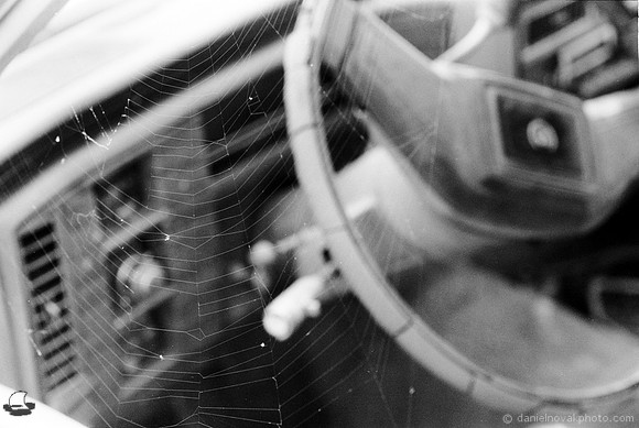 A Spider Web in a Window of an Old Cadillac on Fomapan 400 Black and White Film with Nikon FE2