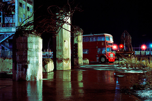 London Double-Decker Bus around the Corner of an old Grain Elevator, Buffalo, NY