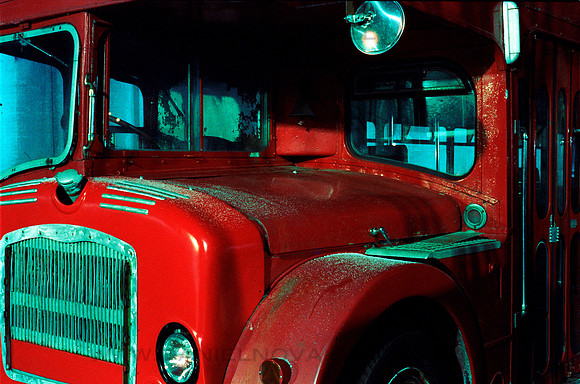 Night Route, a red London double-decker bus close-up, Buffalo, New York (NY)