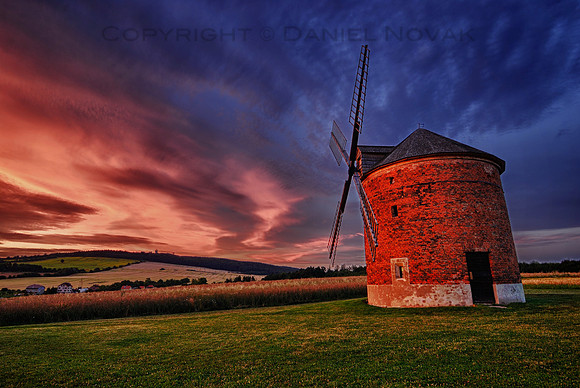 Chvalkovice Wind Mill at Dusk, rolling hills of Southern Moravia, Czech Republic, Europe.