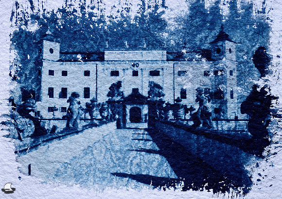 Milotice Chateaux Cyanotype, an original hand-made 5" x 7" cyanotype print from the Czech Republic.
